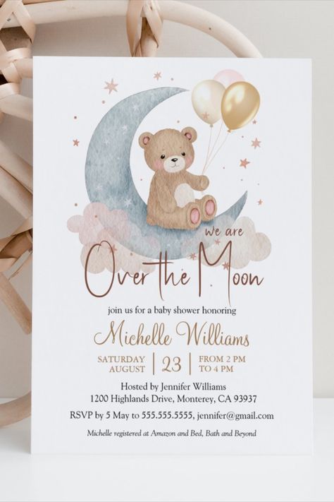 We Are Over The Moon Teddy Bear Stars Baby Shower Invitation
Watercolor Teddy Bear With Balloons Moon and Stars Baby Shower Invitation! #bear #babyshower #babyshowersgifts #babyshowercards #babyshowerparty #newborn Teddy Bear With Balloons, Moon Baby Shower Theme, Bear With Balloons, Stars Baby Shower, Star Baby Shower Theme, We Are Over The Moon, Star Baby Shower Invitations, Gender Reveal Themes, Moon Baby Shower