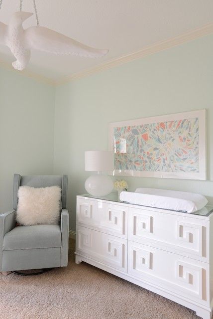 Girl's Nursery - Contemporary with Mint Green, White and Peach Colors - Contemporary - Nursery - Dallas - by Vicki Crew Interiors | Houzz Nursery Contemporary, Green Nursery Girl, Mint Green Nursery, Green Girls Rooms, Mint Green Rooms, Closet Units, Mint Green And Pink, Contemporary Nursery, Girl Nursery Pink