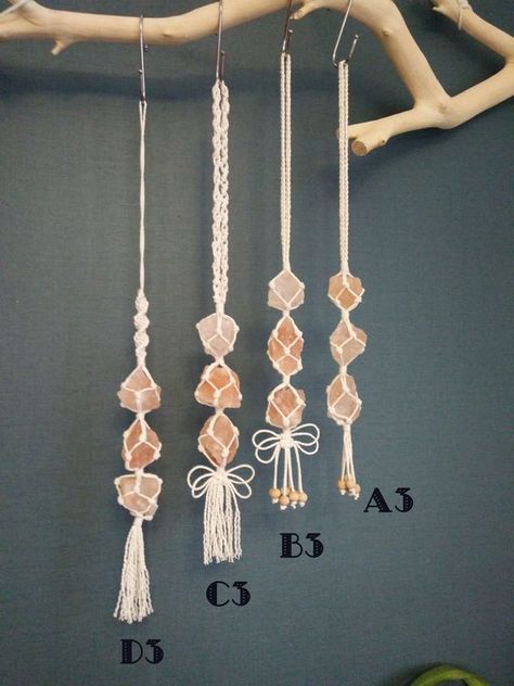 This pink Himalayan salt Macrame hanging for car or home is Very exquisitely handmade. Handmade of Pink Himalayan salt crystals, Solid wood beads, and natural cotton thread in cream white color. Himalayan salt crystals imported from Pakistan have many benefit for the human body. It will purify the air in your car under the heating of sunlight. The salt crystal also is very beautiful just like a gem, which would be a nice decoration for your car. Products details A3,B3,C3,D3 Full Length:45cm with Car Macrame, Macrame Crystals, Hanging Crystals Diy, Macrame Car Charm, Car Air Freshner, Crystal Car Charms, Crystal Macrame, Crystals Hanging, Car Crystals