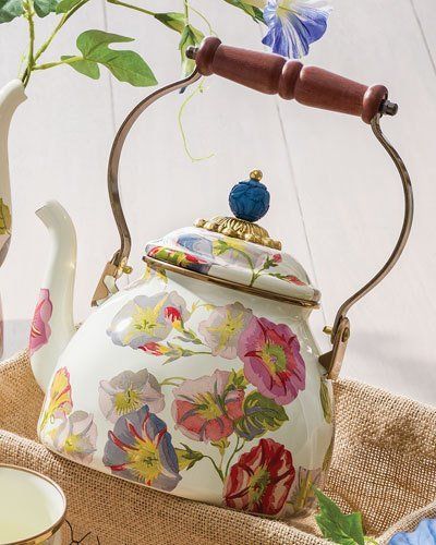 MacKenzie-Childs Tea Kettle. So unique. I love it!  #teakettle #floral #affiliate Host A Tea Party, Tea Pot And Cup, Southwest Kitchen, Stovetop Kettle, Enamel Teapot, Green Teas, Whistling Tea Kettle, Kettle And Toaster, Tea Kettles