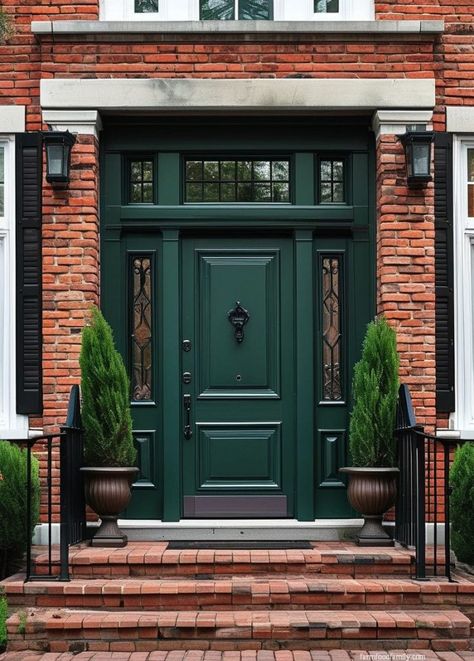 45 Best Front Door Colors For Brick Houses (Ideas and Designs) 85 Emerald Green Front Door Brick House, Green Door Exterior, Dark Green Front Door, Orange Brick Houses, Grey Brick Houses, Brown Brick Houses, Green Front Door, Orange Front Doors, Best Front Door Colors