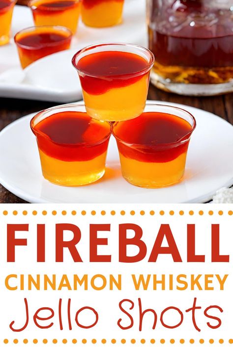 Here's an easy to make jello shot recipe! These Fireball Cherry Jello shots are an adult boozy treat for parties. Great for Halloween, Christmas, fall party drinks or anytime you want to enjoy Cinnamon Whiskey! Fireball Themed Birthday Party, Fireball Themed Party, Whiskey Jello Shots, Fireball Whiskey Recipes, Fall Party Drinks, Fireball Jello Shots, Cherry Jello Shots, Fireball Cocktails, Easy Jello Shots