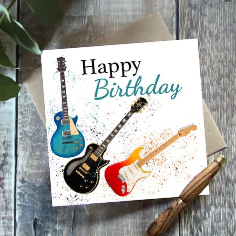 Guitar Happy Birthday greeting card, fun guitar birthday card, great for any guitar lover or player, matching giftwrap also available. The card is blank inside for your own message and comes with a recycled envelope. The card measures 15cm square. Printed in England by FSC approved printers on high quality 300gsm card. Great to frame, keep or send. Has a romantic feel to it, lovely card for many occasions. Guitar Birthday Card, Guitar Happy Birthday Wishes, Birthday Cards For Musicians, Guitar Cards Ideas, Guitar Birthday Cards For Men, Happy Birthday Guitar, Musician Birthday, Tree On A Hill, Birthday Guitar