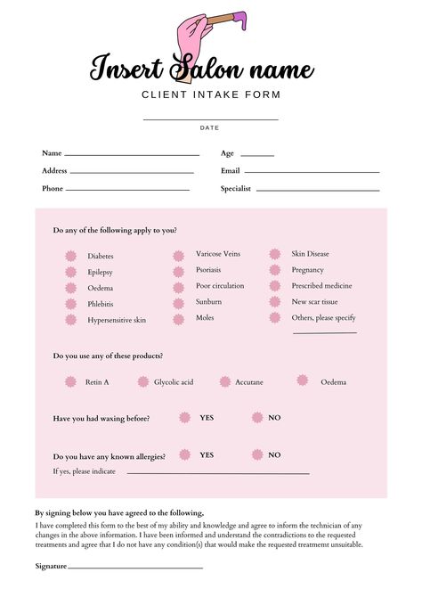 A wax intake form is a document used in various industries, primarily in beauty and personal care services, to gather essential information from clients before they receive waxing treatments. This form serves as a means for both the client and the service provider to ensure a safe and effective waxing experience. Esthetician Teacher, Esthetician Services List, Waxing Suite, Intake Form Esthetician, Aesthetician School, Nail Planner, Wax Appointment, Massage Intake Forms, Wax Business