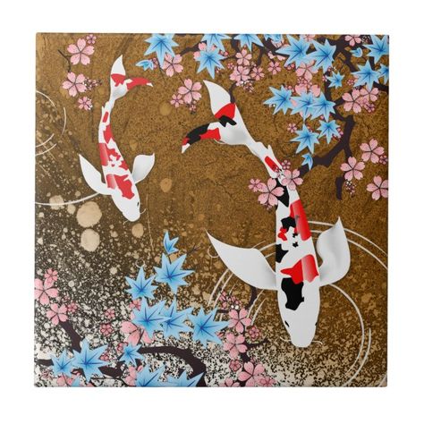 Koi Pond - wood - Japanese Design Ceramic Tile (A) - Japan gift idea Art On Ceiling, Koi Mural, Japanese Koi Pond, Pond Decor, Japanese Maple Leaves, Art Deco Font, Koi Ponds, Deco Font, Pond Ideas