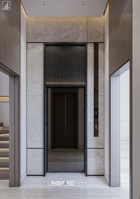 Elevator Facade Design, Lift Wall Design Residential, Lift Area Design, Lift Front Wall Design, Lift Wall Design, Lift Door Design, Lift Wall Cladding Design, Residential Lobby Design, Contemporary Lobby