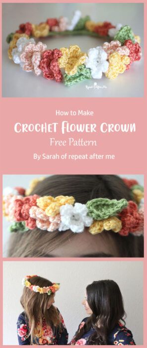 Easy Crochet Crown Pattern Free, Flower Crown Crochet Pattern Free, Crown Sewing Pattern Free, Crochet Floral Crown, Free Corset Crochet Pattern, Free Crochet Accessory Patterns, Flat Crochet Projects, Nature Crochet Pattern Free, Crochet Flower Headband Pattern