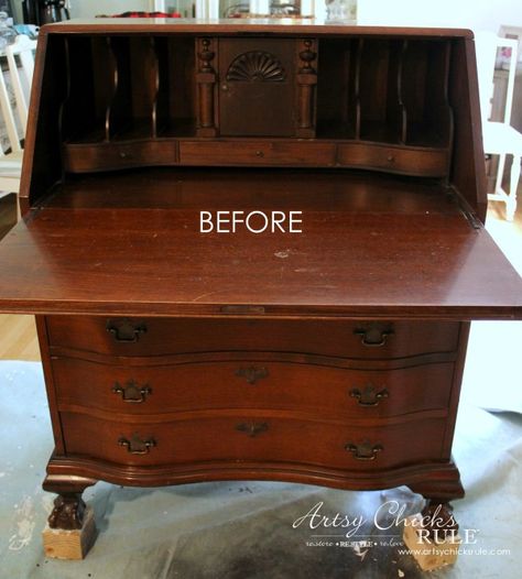 Painting A Secretary Desk, Refinished Antique Secretary Desk, Repurpose Secretary Desk, Upcycled Secretary Desk, Refinished Antique Desk, Refinished Secretary Desk Ideas, Antique Secretary Desk Makeover Ideas, Painted Antique Secretary Desk, Chalk Paint Desk Ideas