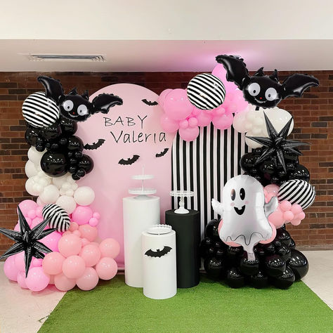 Pink halloween balloon garland arch kit black orange with bat ghost mylar foil balloons for girl baby shower happy boo day spooky one 1st birthday decorations #ad #halloween #halloweenparty #halloweenpartyideas #halloweenpartythemes #halloweenpartytheme #halloweenballoons #pinkandblackhalloweenparty #halloweenpartyidea #halloweendecorations #halloweenballoons Spooky One Balloon Garland, Pink Halloween Backdrop, Spooky One Birthday Decorations, Pink Halloween Balloons, Spooky One Backdrop, Baby Halloween Party 1st Birthdays, Baby Halloween Party, Happy Boo Day, Spooky Balloons