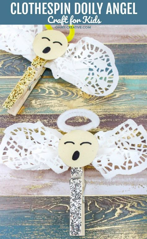 These Easy Clothespin Doily Angel Crafts for Kids make great DIY ornaments for young children. A great Christmas craft the kids can hang on the tree every year! OHMY-CREATIVE.COM #diychristmasornament #christmascraft #kidscraft #christmas #angel #angelcraft Angel Crafts For Kids, Doily Angel, Christian Christmas Crafts, Clothespin Crafts, Christmas Clothespins, Children's Church Crafts, Christmas Crafts For Toddlers, Christmas Crafts For Kids To Make, Angel Crafts