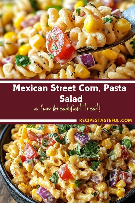 Mexican Street Corn Pasta Salad combines the creamy, tangy flavors of traditional Mexican street corn with pasta for a unique and delicious twist. Tossed with mayonnaise, cotija cheese, cilantro, and a touch of lime, it’s a perfect side dish for summer barbecues or any gathering! #MexicanStreetCorn #PastaSalad #SummerSideDish Mexican Street Corn Pasta Salad, Mexican Street Corn Pasta, Street Corn Pasta Salad, Street Corn Pasta, Corn Pasta Salad, Mexican Street Corn Recipe, Street Corn Recipe, Street Corn Salad, Traditional Mexican Dishes