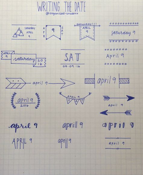 4•9•16 A reference sheet I made for different ways to write the date. This mostly just works for bullet journal stuff. Doodles Study, Bullet Journal Page, Pretty Notes, Student Organization, A Notebook, Bullet Journal Inspo, Bullet Journal Doodles, Journals & Planners, Journal Doodles