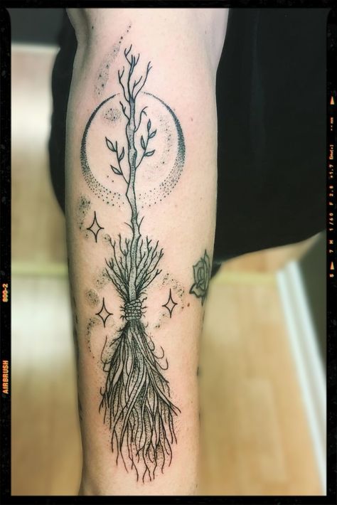 Magic Broom Tattoo Inspiration - witch tattoo inspiration Witch Broom Tattoo Design, Witch Broom Tattoo Ideas, Cat Broom Tattoo, Witchy Broom Tattoo, Wiccan Tattoos For Women, Witches Broom Tattoo, Burning Witch Tattoo, Simple Witch Tattoo, Witch Broom Tattoo