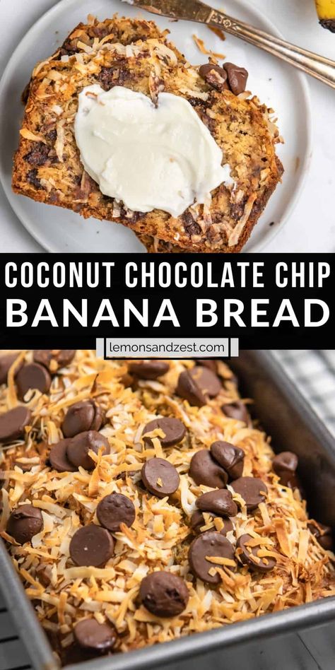 Coconut Banana Bread with Chocolate Chips Coconut Chocolate Chip Banana Bread, Loaded Banana Bread, Banana Coconut Bread Recipe, Unique Banana Bread Recipes, Loaf Desserts, Bread Flavors, White Chocolate Banana Bread, Banana Bread With Chocolate Chips, Coconut Bread Recipe