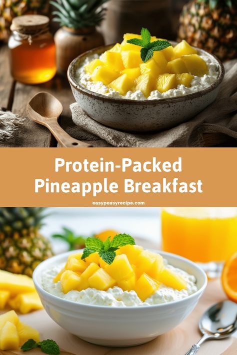 Bowl of cottage cheese topped with fresh pineapple chunks, garnished with a mint leaf. Pineapple Cottage Cheese, Cottage Cheese And Pineapple, Pineapple Breakfast, Wholesome Breakfast Ideas, 300 Calorie Breakfast, Protein Rich Breakfast, Quick Protein, Easy Zucchini Recipes, Pot Recipes Healthy