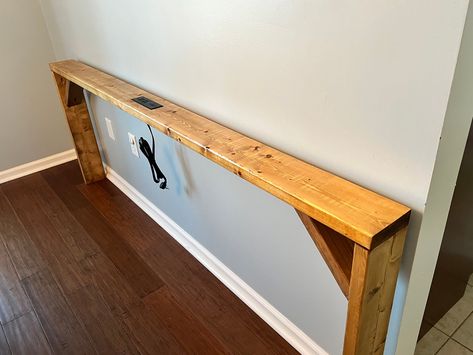 "My Behind the Couch Console Table is custom built to your requests and needs for Height, length, and stain color choice.  This sofa table will allow you to set a drink or your phone behind you while you sit on your couch. It  fills the voided space between your sofa and wall and makes it a usable space with a beautiful wood table. The electric outlet is great because it eliminates the need to reach in awkward areas to find a wall outlet. Simply plug in the 3 prong cord into and existing wall outlet and the powered table console is ready to go! The stain used in the profile picture above is \"Provincal\". ------------------------------------------------------------------------------- Custom Name Engraved Slate Coasters to go with your table: https://timberkinghomedecor.etsy.com/listing/156 Diy Sofa Table Behind Couch 2x4, Narrow Sofa Table Behind Couch Against Wall, Custom Sofa Table, Living Room With No Wall Space, Sofa Table Behind Couch With Plug, Long Narrow Sofa Table Behind Couch, Bench Behind The Couch, Table Between Wall And Couch, Small Behind The Couch Table