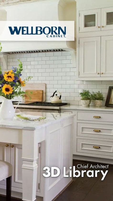 A photo of a kitchen with cream-colored Wellborn Cabinets, subway tile backsplash, and a large island. There is a pitcher of sunflowers on the island and gold hardware on the doors and drawers. Wellborn Cabinets, Chief Architect, 3d Home Design, Kitchen Cabinet Design, White Cabinets, Wood Species, Home Organization, Kitchen Design, Kitchen Cabinets