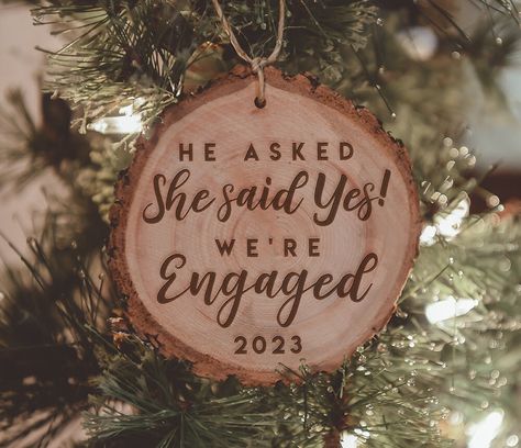 Engraved Christmas Ornaments, Friend Christmas Ornaments, Couple Celebrating, Engaged Ornament, Wood Trees, Unique Gifts For Couples, Cousin Gifts, Christmas Engagement, Engagement Ornaments