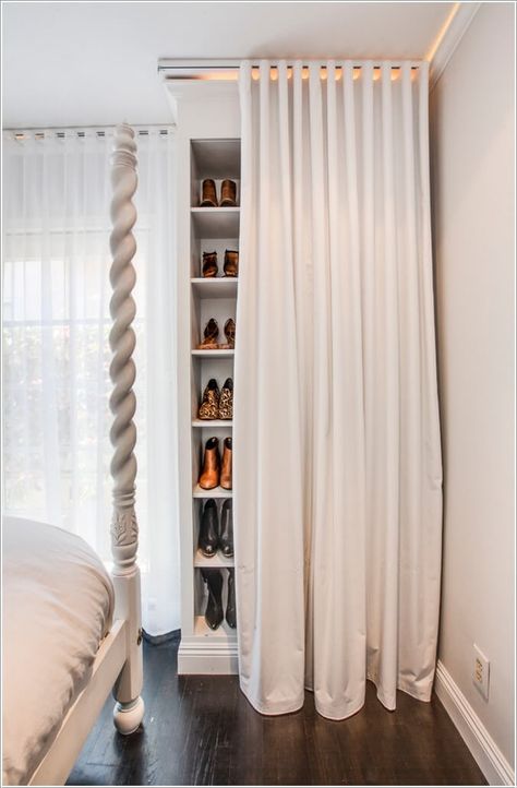 Hide your shoes behind a curtain with this small space storage hack idea. Open Shelves In Bedroom, Cover Open Shelves, Diy Bedroom Storage, Closet Curtains, Open Closet, Dekorasi Kamar Tidur, Small Space Storage, 아파트 인테리어, Shelves In Bedroom