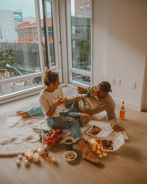 Couple First Apartment Aesthetic, First Home Aesthetic, Floor Picnic, Couples First Apartment, Real Estate Vision Board, Couples Movie Night, At Home Dates, At Home Date, Married Couples