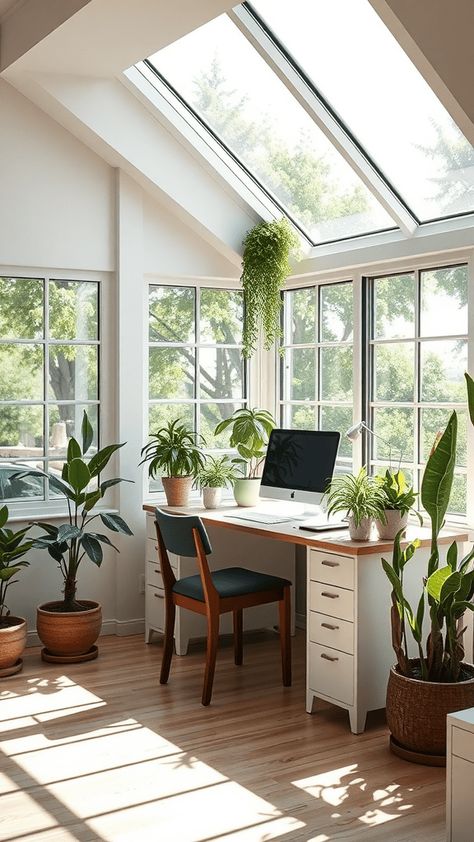 Design a bright and functional home office by maximizing natural light from windows, incorporating airy curtains and a desk positioned to enjoy the view. Home Office Natural Light, Home Office With View, Office With Windows, Airy Curtains, Conservatory Home, Productive Home Office, Functional Home Office, Sunroom Office, Window Desk