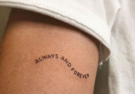 Delicate Tattoo Quotes, Tattoo First Born Daughter, Its Only Forever Tattoo, Dainty Lyric Tattoos, Sure Thing Tattoo, Wavy Script Tattoo, Dainty Text Tattoo, Curved Text Tattoo, Tattoo Forever And Always