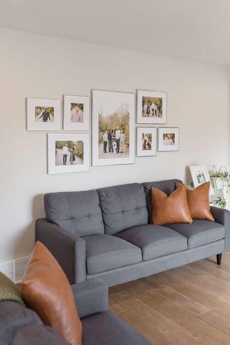 Newborn Wall Display, Family Portraits Decor Living Rooms, Family Photos House Decor, Family Picture Collage Wall Living Rooms, Wedding Photo Wall Home Living Room, Arrange Family Photos On Wall, Family Photo Layout Wall, Living Room Photo Wall Ideas Above Couch, Above Couch Picture Wall