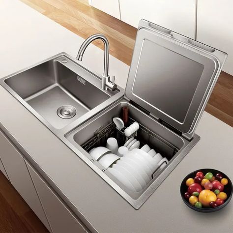 This 2-in-1 Sink is a Game Changer for Small Kitchens - Men's Journal | Home Living Handbook Dishwasher In Sink, Slimline Dishwasher Under Sink, In Sink Dishwasher, Kitchen Sink And Dishwasher Layout, Small Dishwasher Space Saving, Tiny Dishwasher, Tiny Kitchen Sink, Sink With Dishwasher, Kitchen Sink Cabinet Ideas