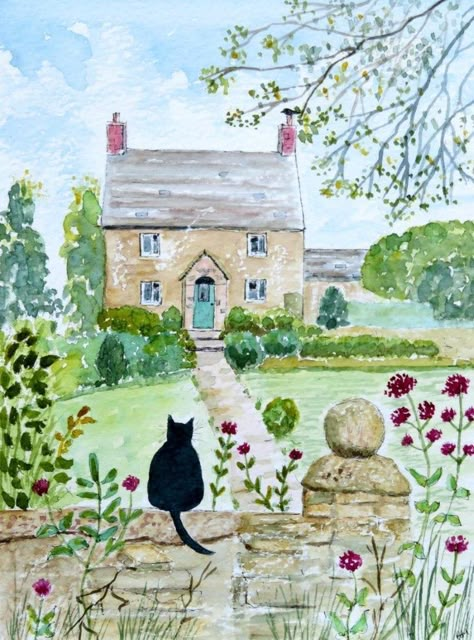 Animals Landscape, Cottage Spring, Cat Cottage, Watercolor House Painting, Painting Animals, Watercolour Card, Cottage Painting, Palermo Sicily, Watercolor Paintings For Beginners