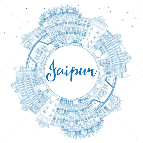 Outline Jaipur Skyline with Blue Landmarks and Copy Space Jaipur Logo, Aesthetic Highlight Covers Instagram Pink, Space Vector, Illustration Business, Aesthetic Captions, Map Outline, India Culture, Ceiling Design Modern, Highlight Covers