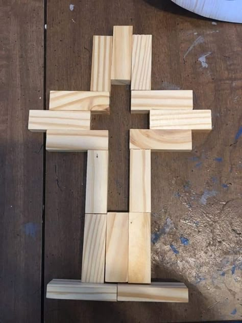 Small Wooden Crosses Diy, Diy Crucifix Ideas, Easter Crosses Crafts Diy, Jenga Cross, Jenga Block Cross, Wooden Crosses Diy, Wood Crosses Diy, Wooden Cross Crafts, Jenga Blocks