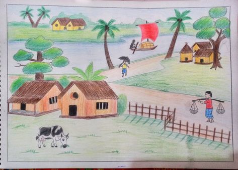 Village Scene Drawing Easy, Village Drawing Easy, Village Scenery Drawing, Village Scene Drawing, Village Scenery, Village Drawing, Pinterest Room, Abstract Pencil Drawings, Scenery Drawing