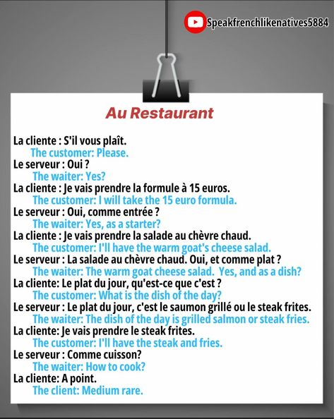 French Dialogues, Warm Goat Cheese Salad, Basic French Words, Basic French, French Language Lessons, French Expressions, French Language Learning, French Restaurants, Personal Questions