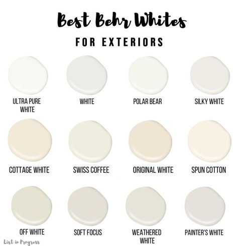 12 White Exterior Behr Paint Colors for Your Home - List in Progress Behr Whites, Behr White Paint Colors, Behr White Paint, Behr Exterior Paint Colors, Behr Exterior Paint, White Exterior Paint Colors, Off White Paint Colors, White Exterior Paint, Behr Colors