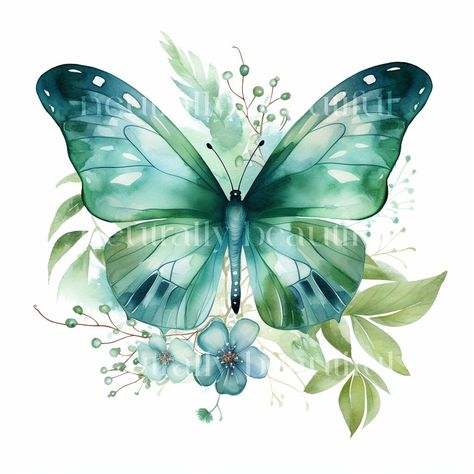 Watercolour Butterfly, Flowers Digital Art, Watercolour Clipart, Printable Flowers, Beautiful Digital Art, Green Butterflies, Coloured Background, Jpeg Images, Flowers Digital