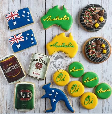 Australia Day BBQ Edible Image Cans Cookies - Cookies by Qui Geelong Australian Cookies, Australia Cake, Australian Party, Australia Party, Wedding Shower Cookies, Cookie Recipes Decorating, Green Desserts, Kids Party Crafts, Christmas In Australia