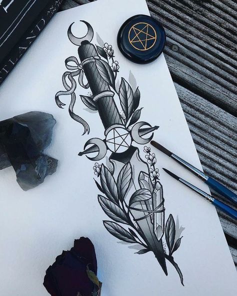 Athame Drawing, Witchy Forearm Tattoo Women, Moon Dagger Tattoo, Athame Tattoo, Wicca Tattoo Ideas, Hecate Tattoo, Witch Tattoos, Front Thigh Tattoos, Wicca Tattoo