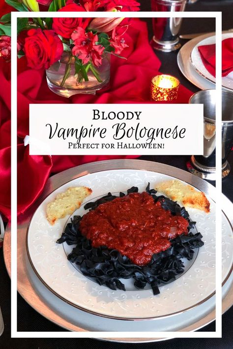 Squid ink pasta with bloody bolognese sauce - perfect for a vampire dinner or Halloween! Squid Ink Pasta Recipe Halloween, Black Pasta Recipe Halloween, Vampire Theme Dinner Party, Vampire Food Ideas Dinner Parties, Halloween Squid Ink Pasta, Vampire Themed Food Dinner Parties, Twilight Dinner Ideas, Squid Ink Pasta Halloween, Halloween Themed Italian Food