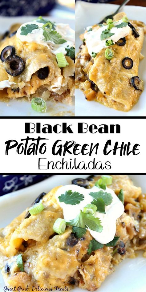 Green Enchilada Casserole Vegetarian, Potato And Black Bean Enchiladas, Vegetarian Green Chili Recipes, Vegetarian Corn Tortilla Recipes, Potato Black Bean, Vegetarian Green Chili Enchiladas, Black Bean And Corn Enchiladas, Latin Vegetarian Recipes, What To Do With Enchilada Sauce