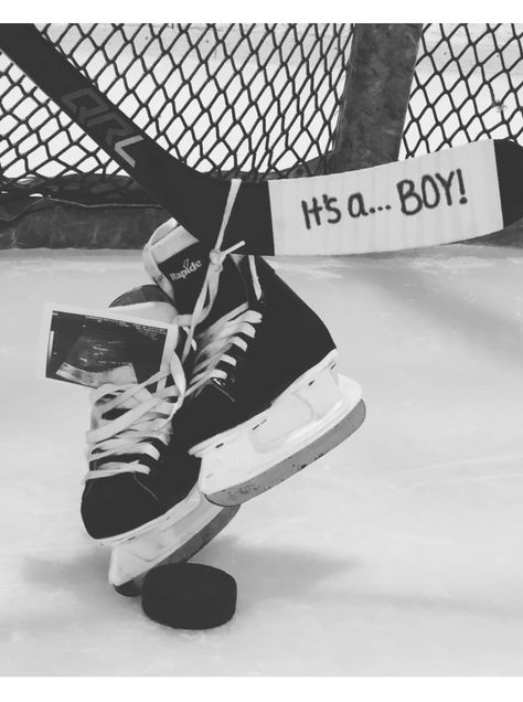 It’s a boy hockey theme gender reveal, with my husbands first pair of hockey skates! Hockey Gender Reveal Party, Hockey Themed Gender Reveal, Hockey Baby Announcement, Gender Reveal Hockey, Hockey Pregnancy Announcement, Hockey Gender Reveal, Gender Reveal Ideas For Party, Boys Hockey, Hockey Birthday