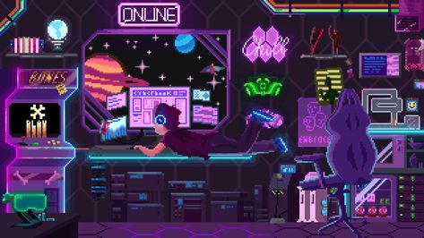 Cute Cyberpunk, Background Guitar, Love Lofi, Cyberpunk Room, Pixel City, Lofi Aesthetic, Pixel Art Landscape, Purple Room, Gif Background