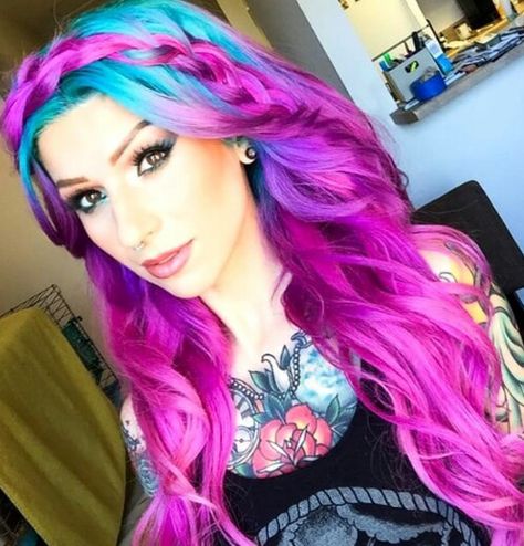 Pink purple braided dyed hair color                                                                                                                                                                                 More Blue And Purple Hair, Magenta Hair Colors, Wild Hair Color, Magenta Hair, Cute Hair Colors, Hair Color Crazy, Beautiful Hair Color, Pretty Hair Color, Bright Hair