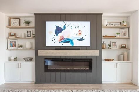 Recessed Tv Over Fireplace Built Ins, Shiplap Wall Tv And Fireplace, Bump Out Fireplace And Tv Wall, Vertical Shiplap Tv Accent Wall, Tv Fireplace Wall Ideas Built Ins Shiplap, Tv With Cabinets On Each Side, Sage Green Shiplap Fireplace, Fireplaces With Cabinets On Each Side, Fireplace Bump Out With Built Ins