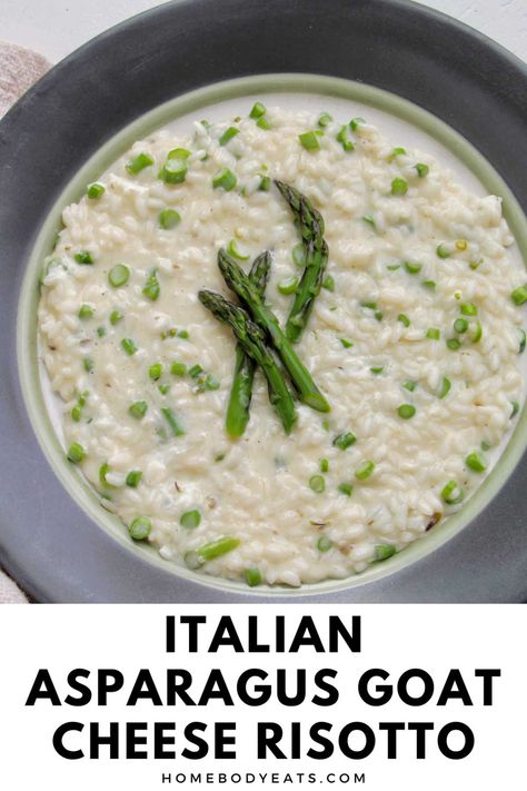 I'm hosting a dinner party for my friends and I'm definitely making this asparagus risotto with goat cheese. It's made with fresh, spring asparagus. It's a super simple recipe but it has amazing flavor! I love all of the details in the post talking about how to make this like an authentic Italian risotto dish. This recipe also uses dry white wine, which I love! Risotto With Goat Cheese, Italian Asparagus, Goat Cheese Risotto, Asparagus Goat Cheese, Italian Risotto, Cheese Risotto, Italian Bread Recipes, Asparagus Risotto, Risotto Dishes