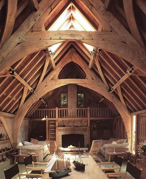 Modern viking longhouse Woodland Living Room, Cabin Build, Viking House, Timber Frame Construction, Timber Frames, Long House, Timber Beams, Attic Renovation, Attic Remodel