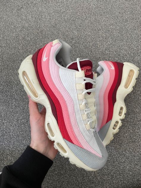 Air max 95 in the colours white light pink, pink, red and maroon with a bone sole and a white tick Airmax 95s, Men's Boot Liners, Sneaker Closet, Airmax 95, Nike Shoes (men), Trendy Shoes Sneakers, Pretty Shoes Sneakers, Cute Shoes Heels, All Nike Shoes