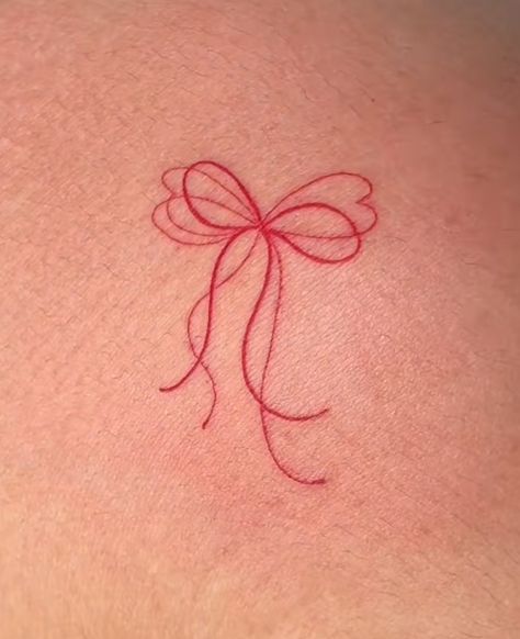 Red Sparkle Tattoo, Mini Bow Tattoo, Ribbon Tattoos Bow, Red Tattoo Ideas Female, Red Minimalist Tattoo, Asthetic Tattoos Woman, Small Red Tattoos For Women, Red Ribbon Tattoo, Minimalist Red Tattoo