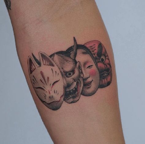 Onryō Tattoo, Japanese Folklore Tattoo, Tattoo Mask Japanese, Anime Mask Tattoo, Japanese Tengu Tattoo, Koomote Tattoo, Korean Mask Tattoo, Oni Mask Hand Tattoo, Oni Back Tattoo