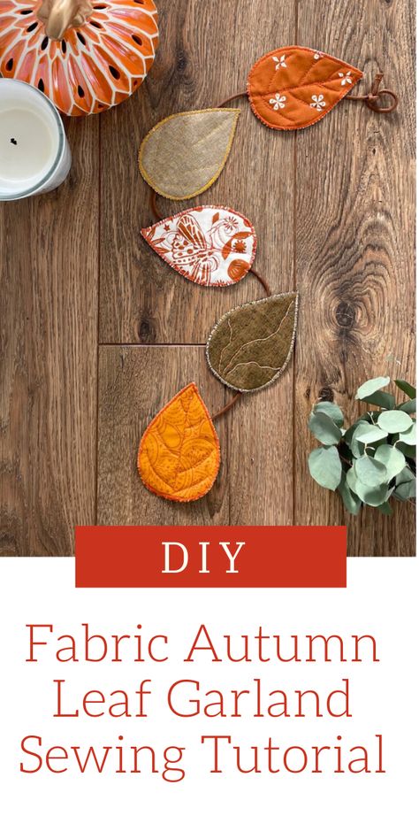 Add a touch of texture and pattern to your Fall and Autumn decor with this simple leaf garland. Learn how to make one with our free Fabric Leaf Sewing Pattern. This project is a great one to make with fabric scraps that you may have leftover from another Autumn sewing project. Autumn Bunting Ideas, Diy Felt Fall Leaf Garland, Sew Fall Garland, Autumn Fabric Crafts, Fabric Leaf Wreath, Fall Scrap Fabric Crafts, Fabric Leaf Diy, Fall Sewing Projects To Sell, Fabric Leaf Garland