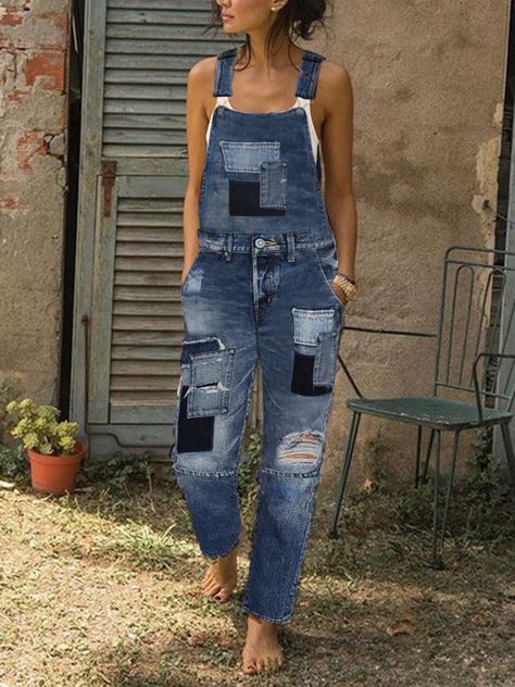 Mode Country, Jumpsuit Jeans, Patched Denim Jeans, Patch Denim, Stylish Jumpsuit, Colorful Jumpsuit, Jumpsuit Chic, Moda Jeans, Patchwork Denim